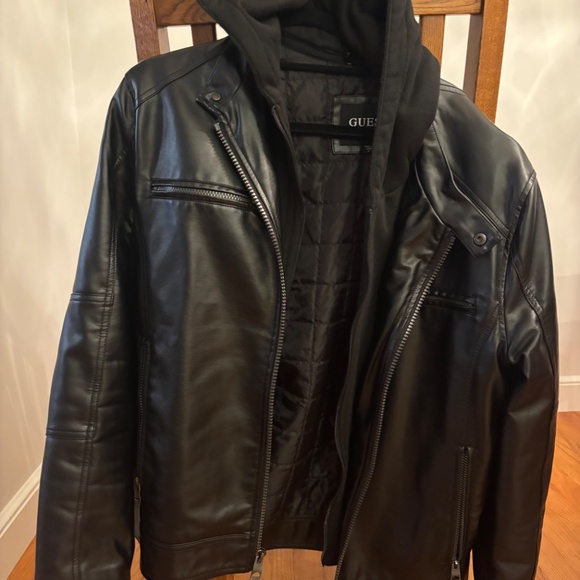 GUESS Men's Faux-Leather Detachable-Hood Motorcycle Jacket - Black, size Large - Picture 4 of 8